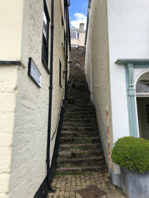 A narrow outdoor staircase composed of weathered stone steps leading up between two residential buildings in a residential area. To the left, there is a cream-colored brick wall with a small rectangular street sign attached, and black drainage pipes running along the wall. On the right, the building has a white facade with pale blue decorative moulding and a window opening featuring a curved, semi-circular arch with glass panes. At the base of the staircase, there is a small paved area with a round, trimmed green shrub in a large grey planter. The stairs ascend steeply, with some greenery visible at the top, indicating an outdoor setting typical of London properties. This scene reflects the challenges of home relocation in tight spaces, aligning with the services offered by Man with Van Somers Town for efficient furniture transport and moving logistics.